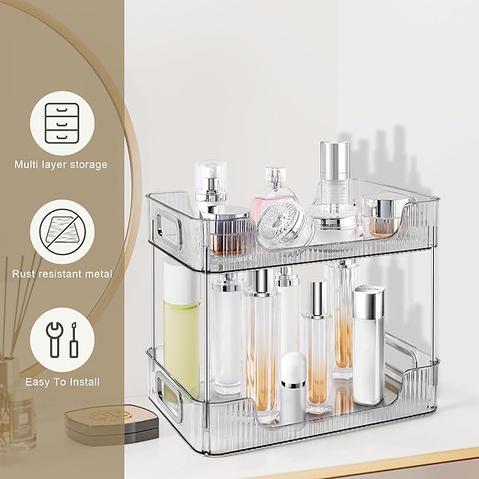 2-Tier Bathroom Counter Organizer Countertop Storage, Dresser Organizer Vanity Tray for Makeup, Perfume Organizer Cosmetics Skincare Shelf - Grey