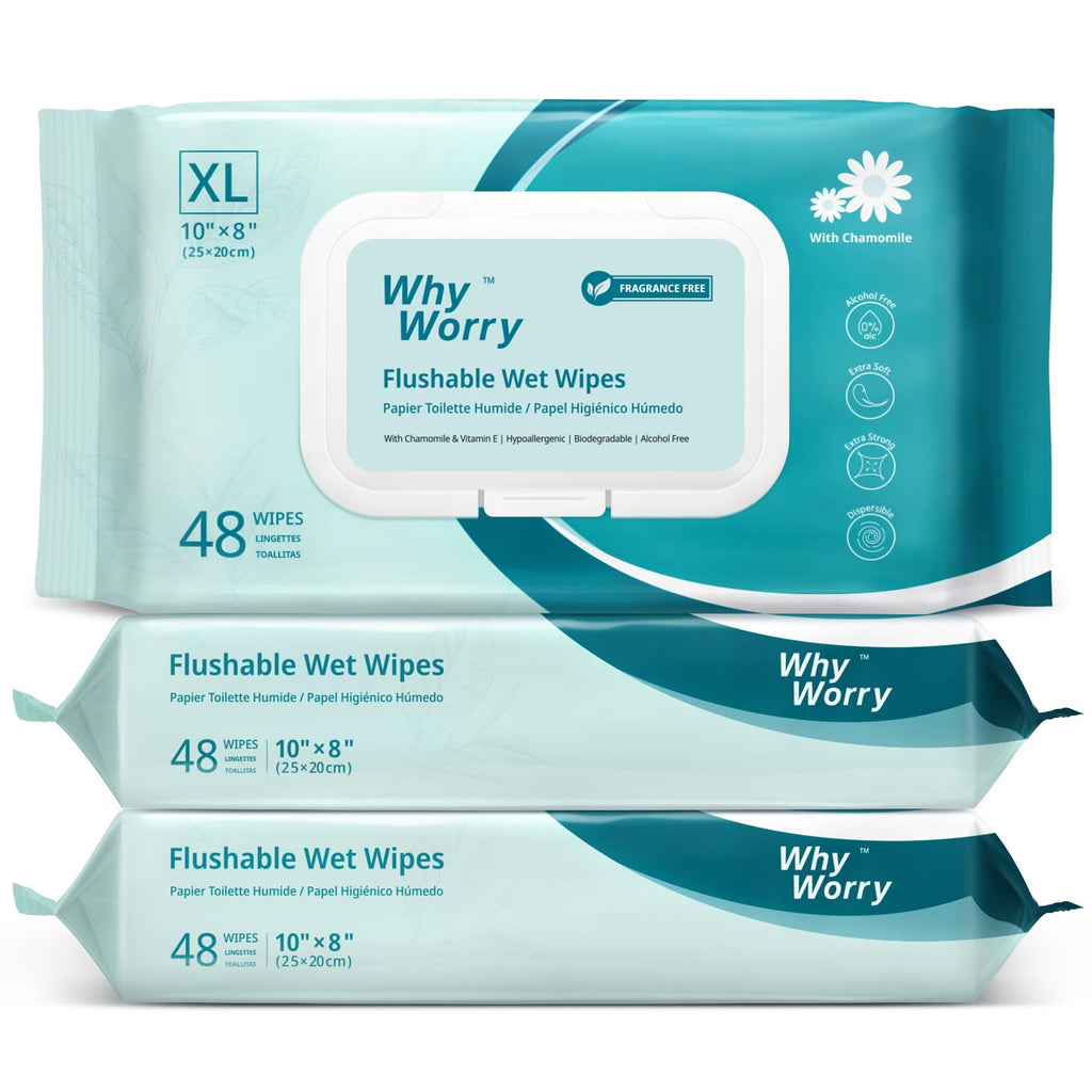 WhyWorry Flushable Wipes for Adults, Extra Large 8"x10" Butt Wipes for Toilet & Personal Cleansing, Chamomile and Vitamin E, 100% Plant-Based, Septic & Sewer Safe, Unscented, 144 Count (3 Packs)