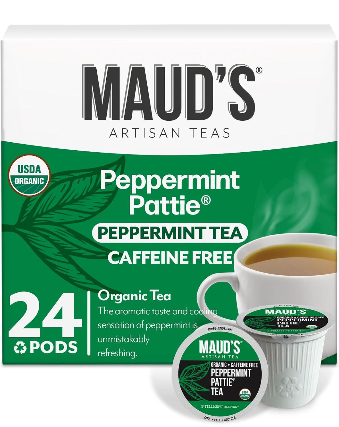 Maud's Organic Peppermint Tea Pods, 24 ct, Recyclable Single Serve Pods – 100% Gourmet Blended Tea Leaves, Compatible with Keurig K Cups Maker