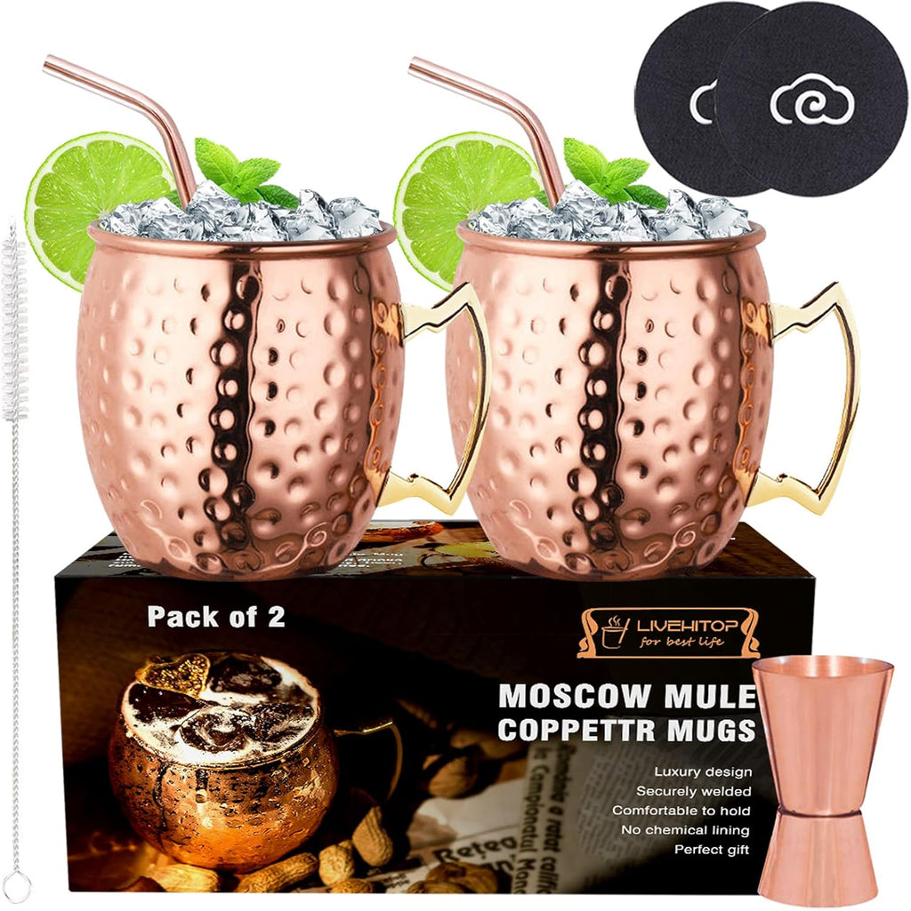 LIVEHITOP Moscow Mule Copper Mugs Set of 2, 19.5 Oz Handcrafted Copper Cups Stainless Steel Lining with Jigger, Straws, Brush, Coasters for Party, Bar, Gift