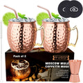 LIVEHITOP Moscow Mule Copper Mugs Set of 2, 19.5 Oz Handcrafted Copper Cups Stainless Steel Lining with Jigger, Straws, Brush, Coasters for Party, Bar, Gift
