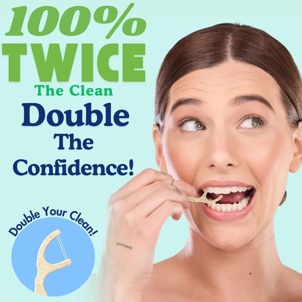 Twin Line Biodegradable Floss Picks (220 Count) - Compostable Tooth Flossers Minty Fresh-Double Thread 2X The Clean | Bonus Travel Case | Thing Thread Glide Easy & Shred-Resistant