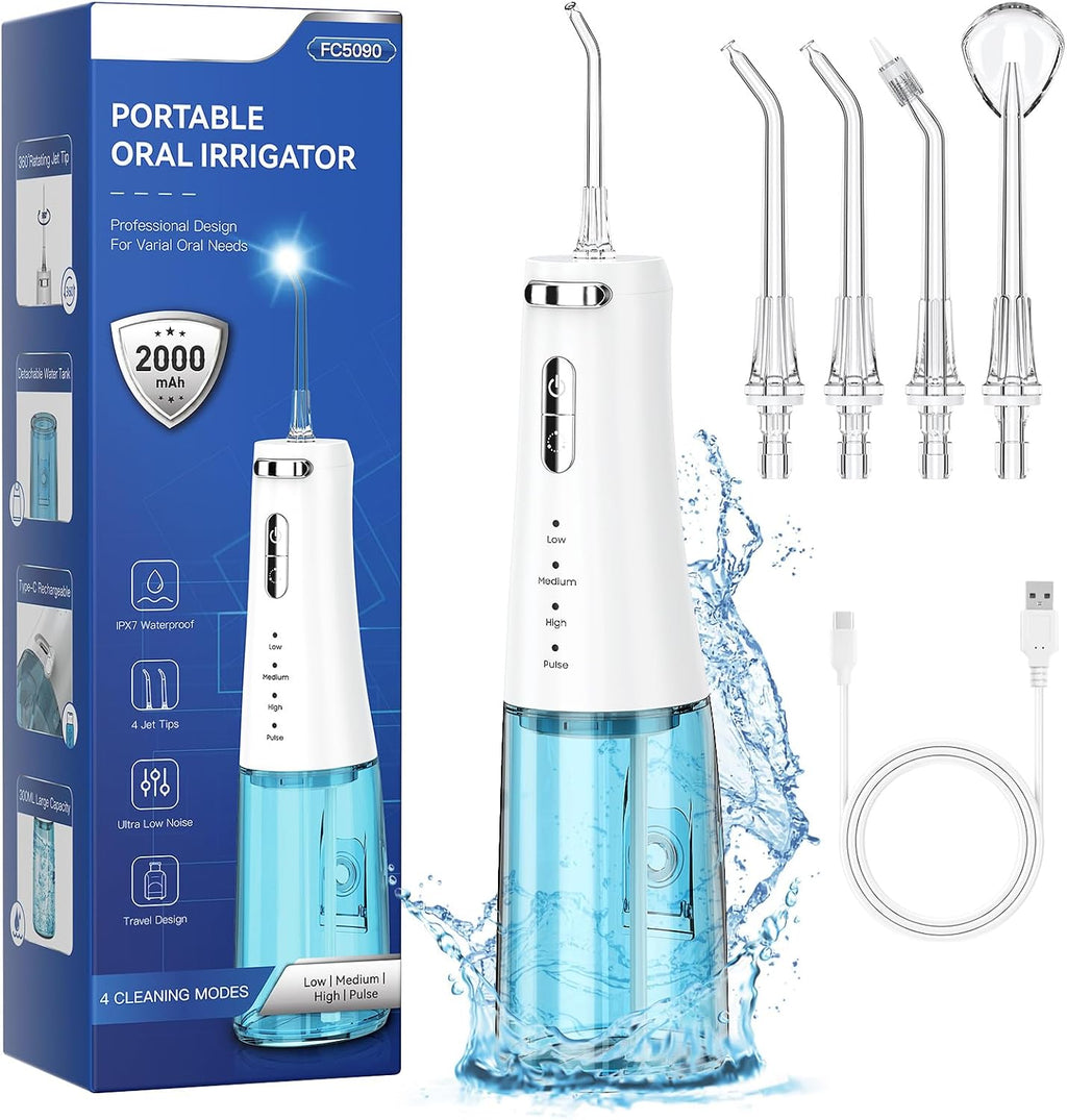 Travel-Ready 300ML Cordless Water Flosser for Teeth – IPX7 Waterproof, 4 Pressure Modes & 2000mAh Battery for Deep Cleaning at Home or On-The-Go (Blue & White)