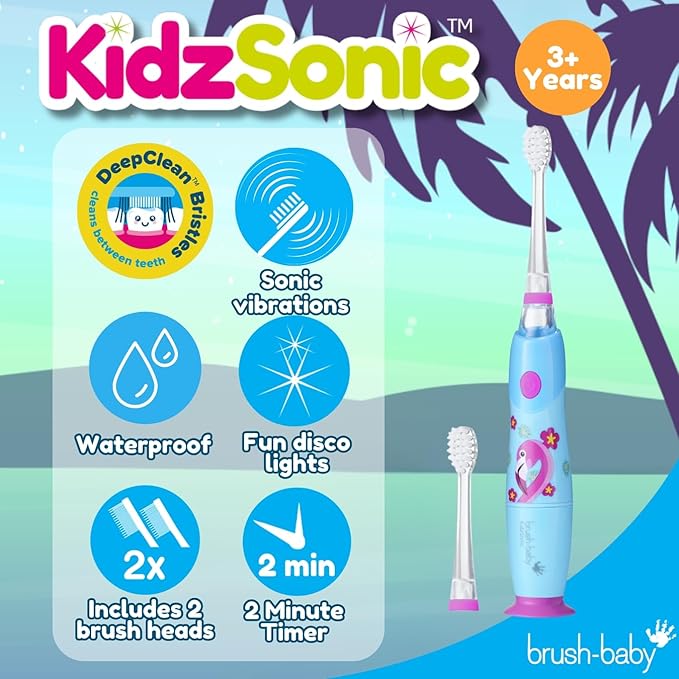 brush-baby - KidzSonic Flamingo Kids Electric Toothbrush for Ages 3+ with Disco LED Lights, Gentle Sonic Vibrations, 2-Minute Smart Timer & 30‑Second Pulse Reminders – AAA Battery Included