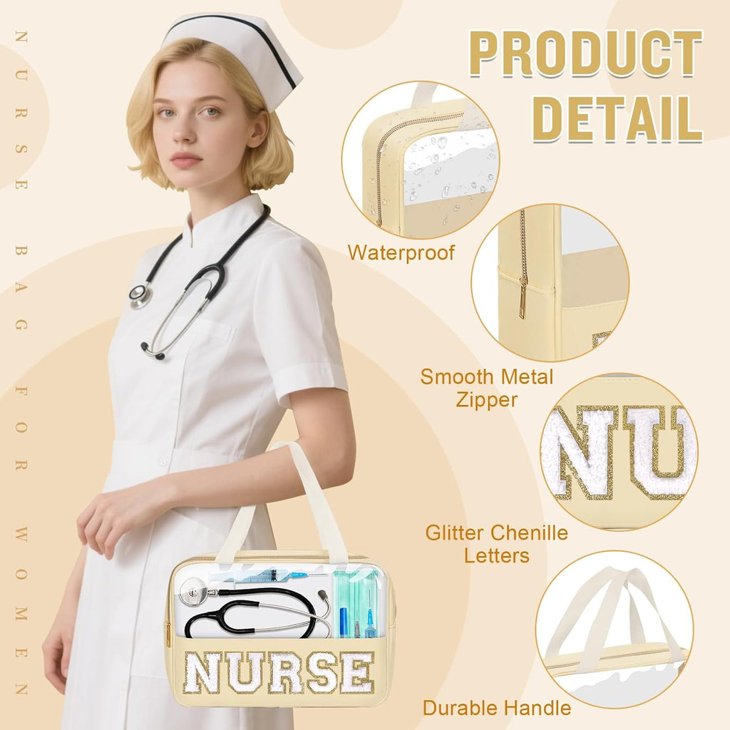 Nurses Week Gifts Chenille Letter Clear NURSE Makeup Bag for Women,Preppy Nurse Cosmetic Pouch Zipper with Handle Nurse Essentials Bag for Work Supplies,Labor and Delivery Nurse Gifts(NURSE-Beige)