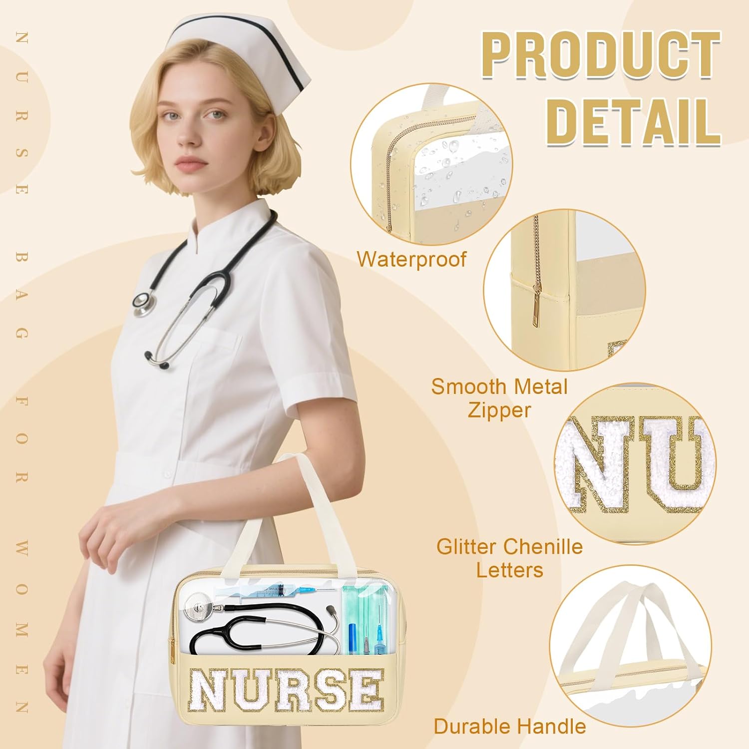 Nurses Week Gifts Chenille Letter Clear NURSE Makeup Bag for Women,Preppy Nurse Cosmetic Pouch Zipper with Handle Nurse Essentials Bag for Work Supplies,Labor and Delivery Nurse Gifts(NURSE-Beige)