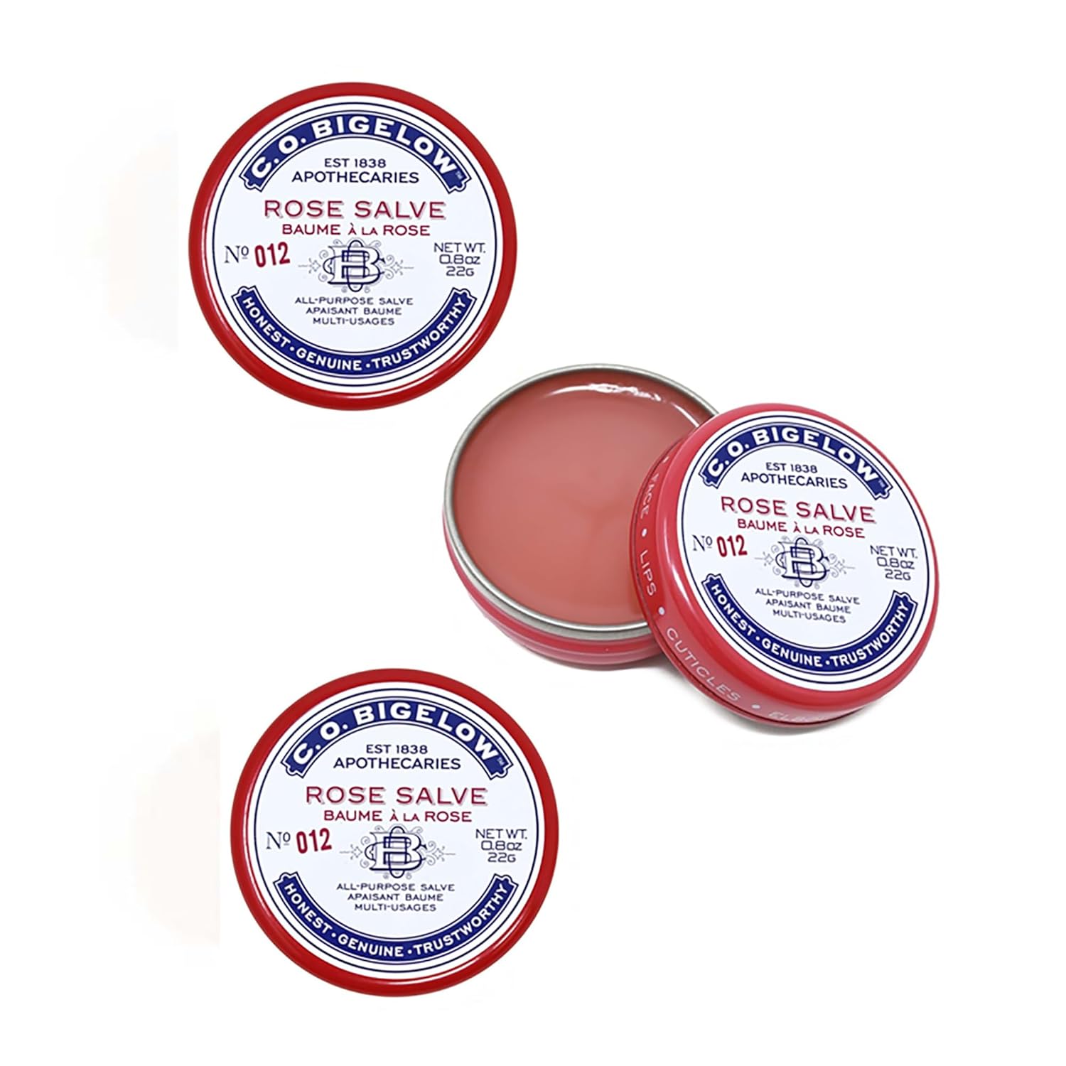 C.O. Bigelow Rose Salve Tins, Pack of 3 Lip Balm Tins, All Purpose Salve for Lips, Cuticles, Hands & Dry Skin, Lip Balm Set, 0.8 oz