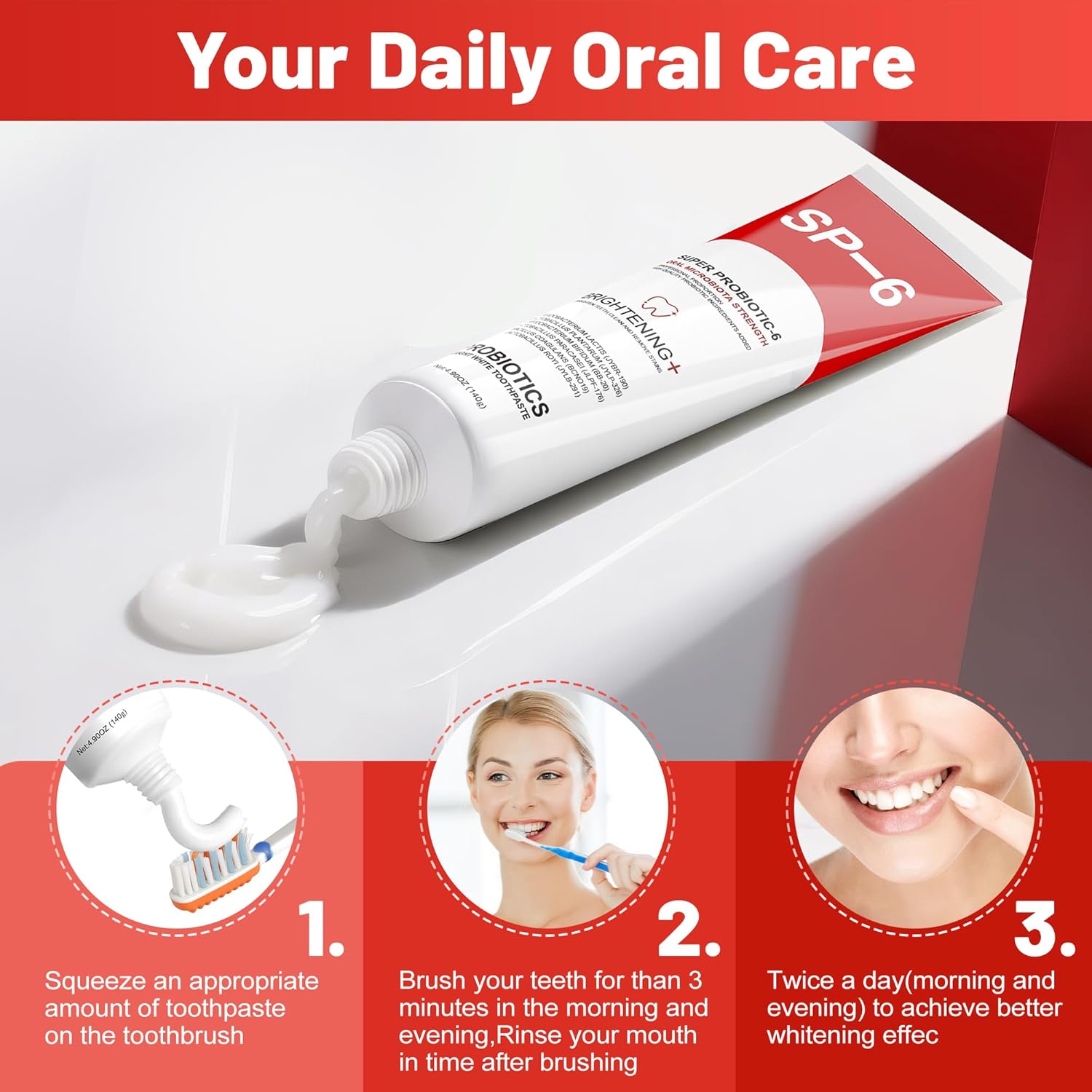 SP-6 Probiotic Whitening Toothpaste for Teeth Whitening/Brightening & Fresh Breath, 6 Probiotics Formula for Gum Health, Fluoride-Free, Minty Fresh Flavor,4.9 oz (4, Mint 4)