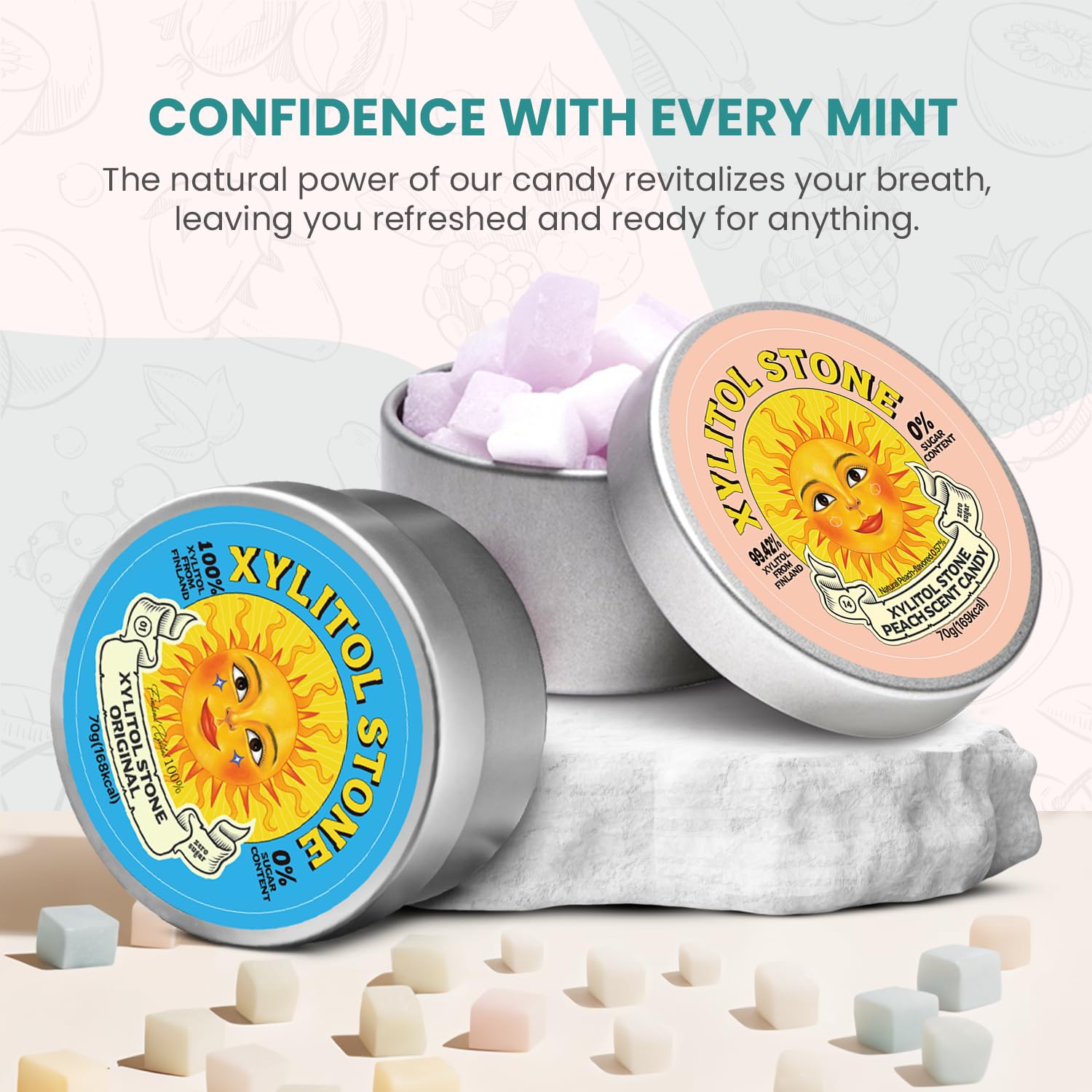 Xylitol Stone Sugar Free Candy - Vegan & Keto Friendly Unique Hard Candy - 100% Natural Flavor Candies - Gluten Free & Non-GMO Breath Freshener Low Calorie Mints - Pack of 2 (Original, Peach)
