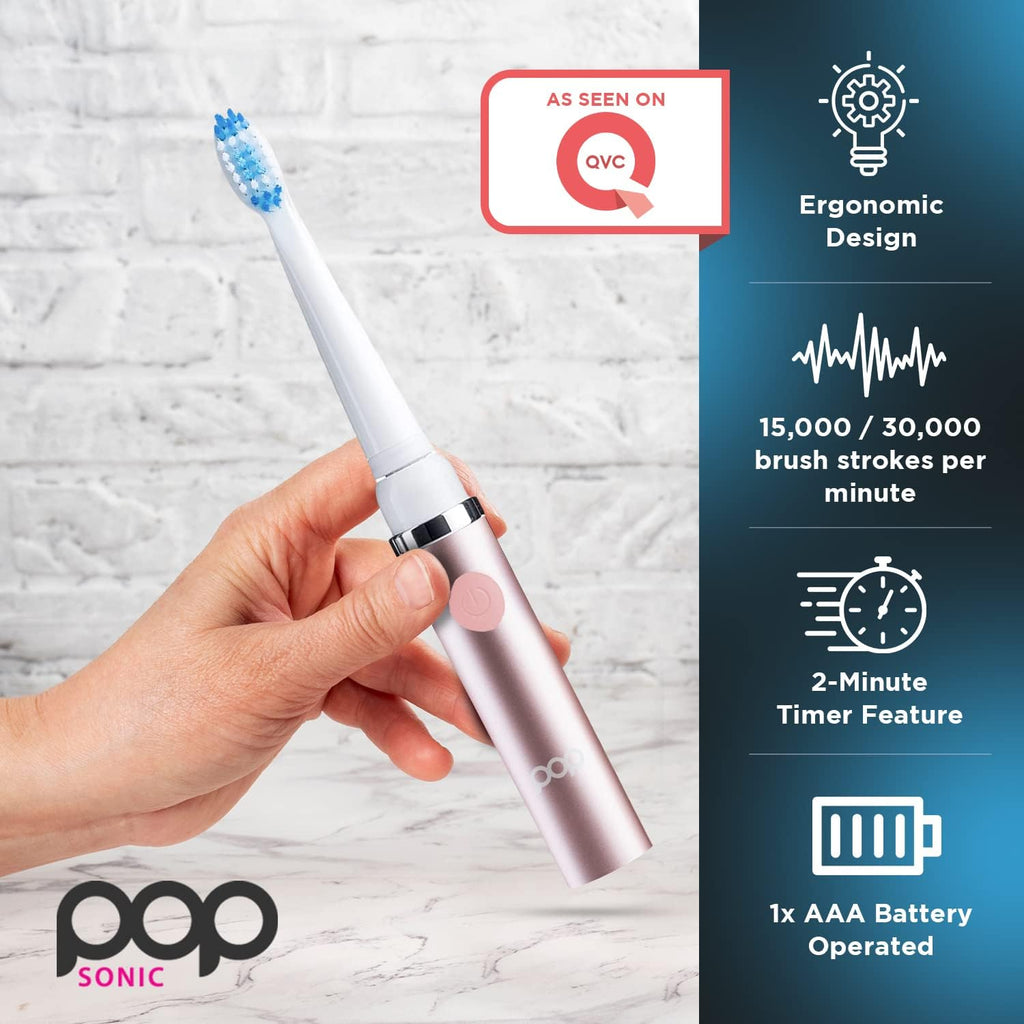 Pop Sonic Electric Toothbrush (Metallic Rose) - Travel Toothbrushes w/AAA Battery | Kids Electric Toothbrushes with 2 Speed & 15,000-30,000 Strokes/Minute, Dupont Nylon Bristles