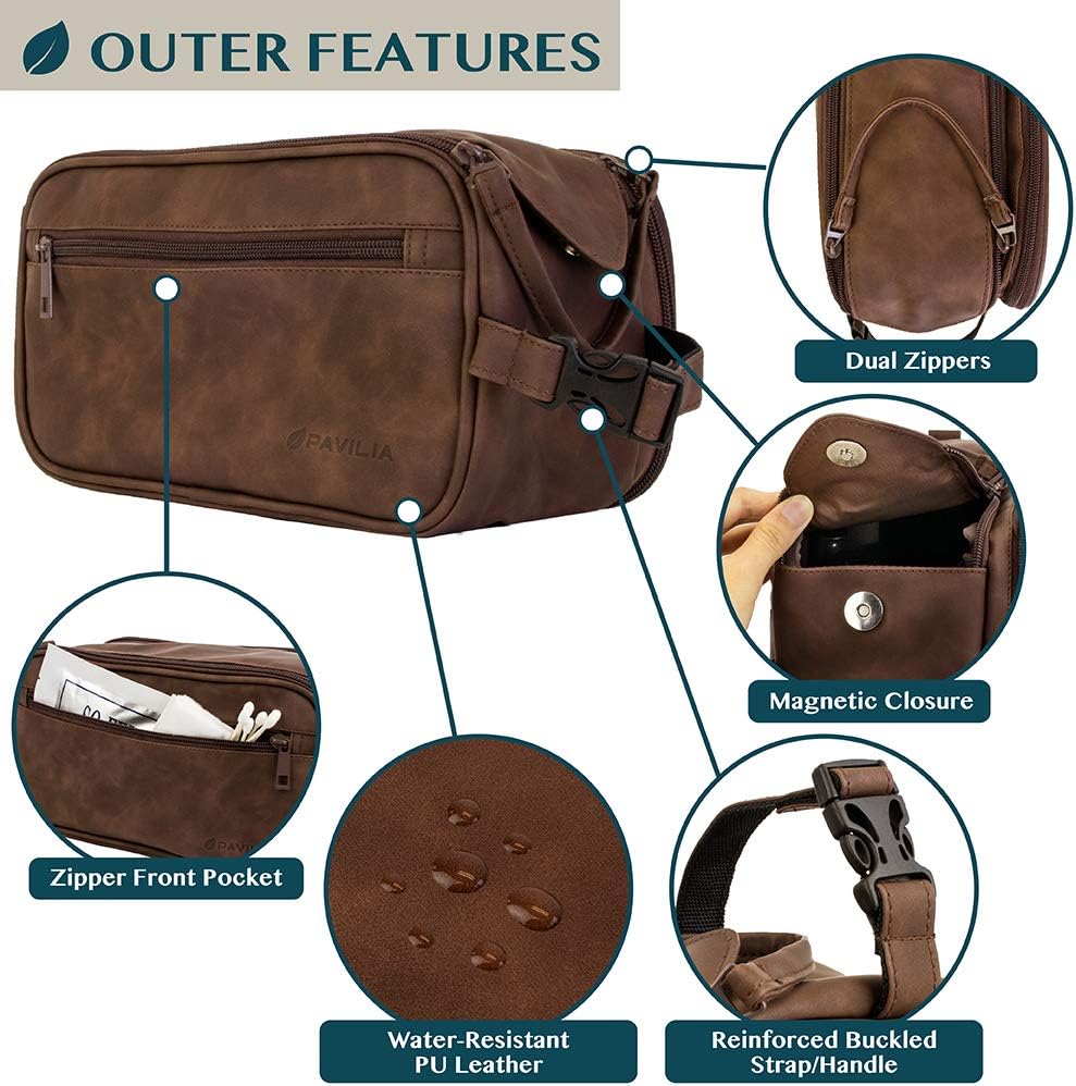 PAVILIA Toiletry Bag for Men, Travel Essentials Shaving Dopp Kit, Mens Travel Bag Toiletries Organizer Case for Grooming, PU Leather Water Resistant Cosmetic Bag Pouch (Dark Brown)