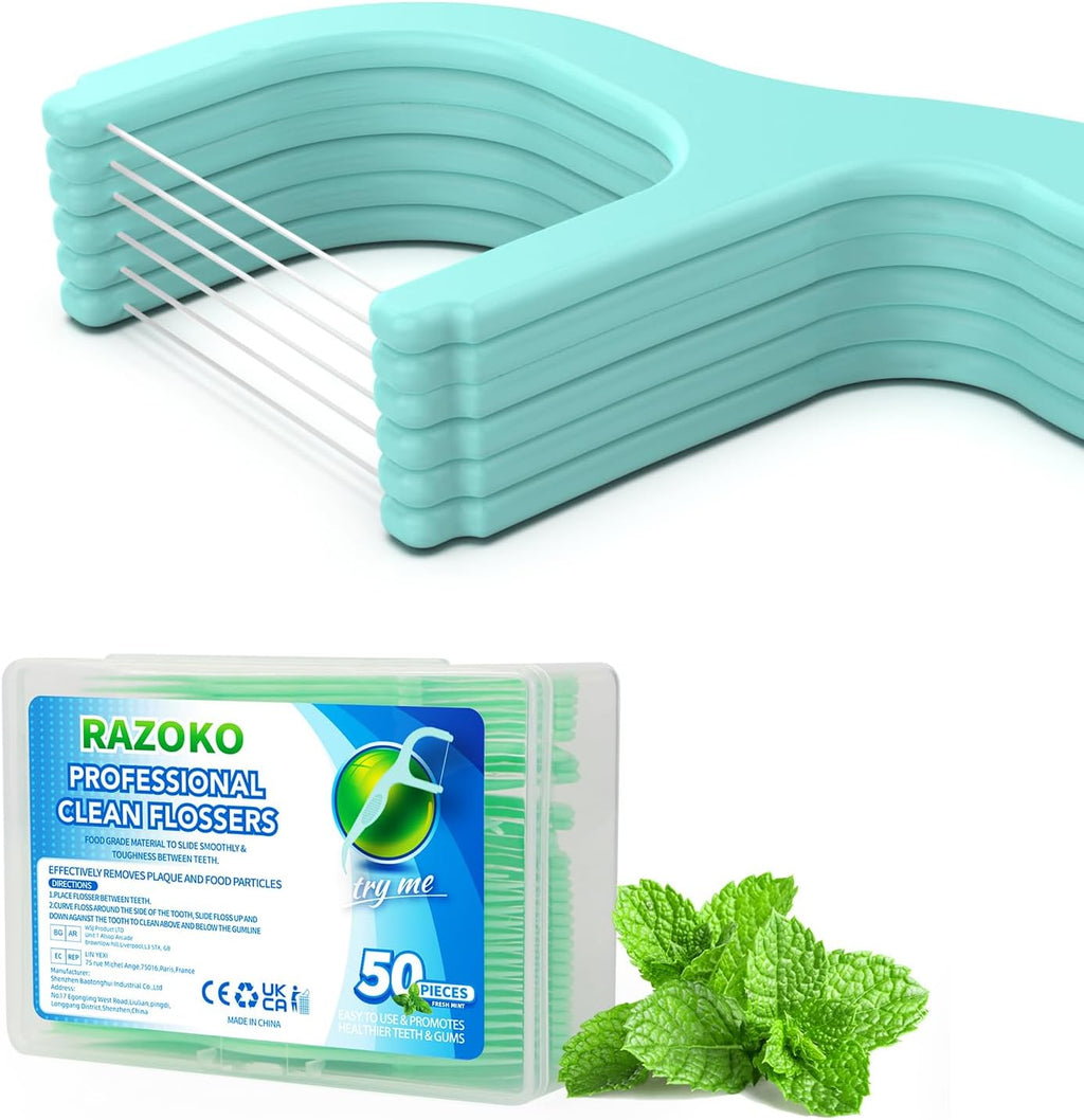 RAZOKO Dental Floss Picks Extra Strong Flosser Pick Toothpicks Fresh Mint 200 Count