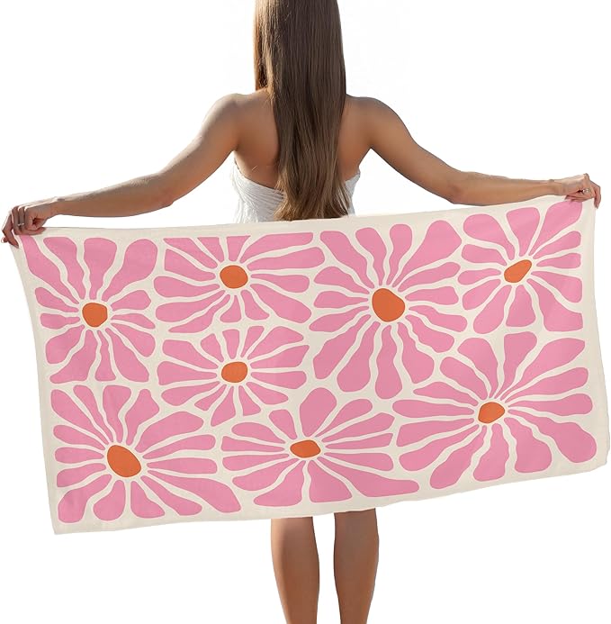 Pink Boho Floral Beach Towel, Flower Daisy Pool Towels, Vintage Boho Flowers Floral Daisies Large Beach Bath Travel Towels for Swimming Camping, Pink Bohemian Bathroom Accessories Decor,30x60in