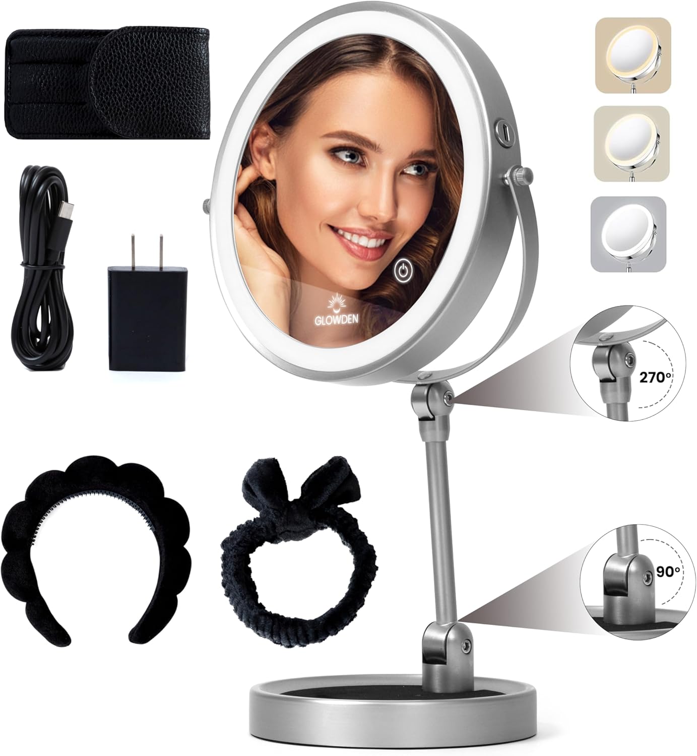 Smart 9" LED Light Makeup Mirror, Rechargeable, 1X/10X Magnifying Vanity Mirror with 3 Color Lights, Height Adjustable, Large Tall 360° Swivel Double Sided Standing Travel Mirror (Nickel)