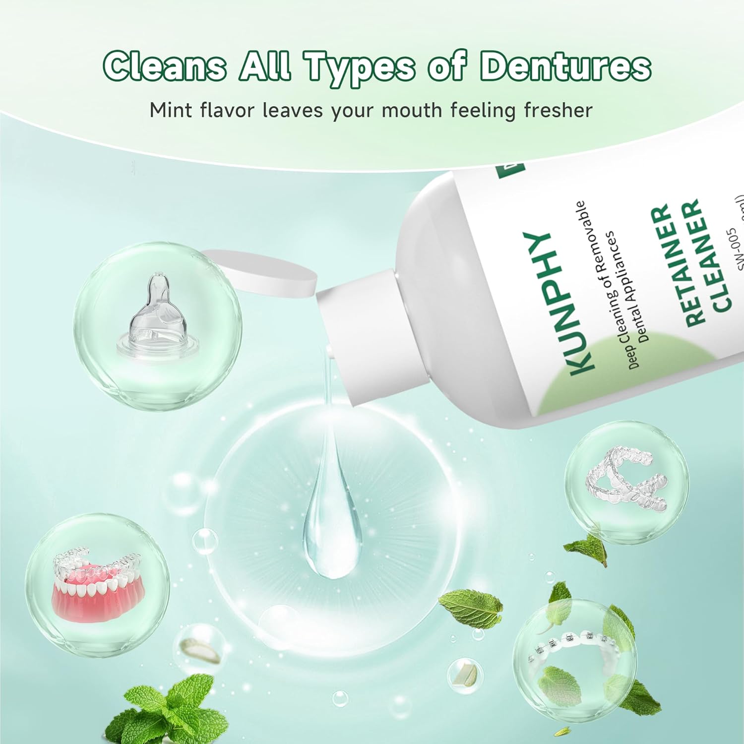 KUNPHY Ultrasonic Retainer Cleaner Solution Concentrate-Professional Cleaning of Retainers, Denture, Invisible Aligners, Mouth Guards, Night Guards, Remove Odors, Discoloration & Stains 8 oz(Mint)