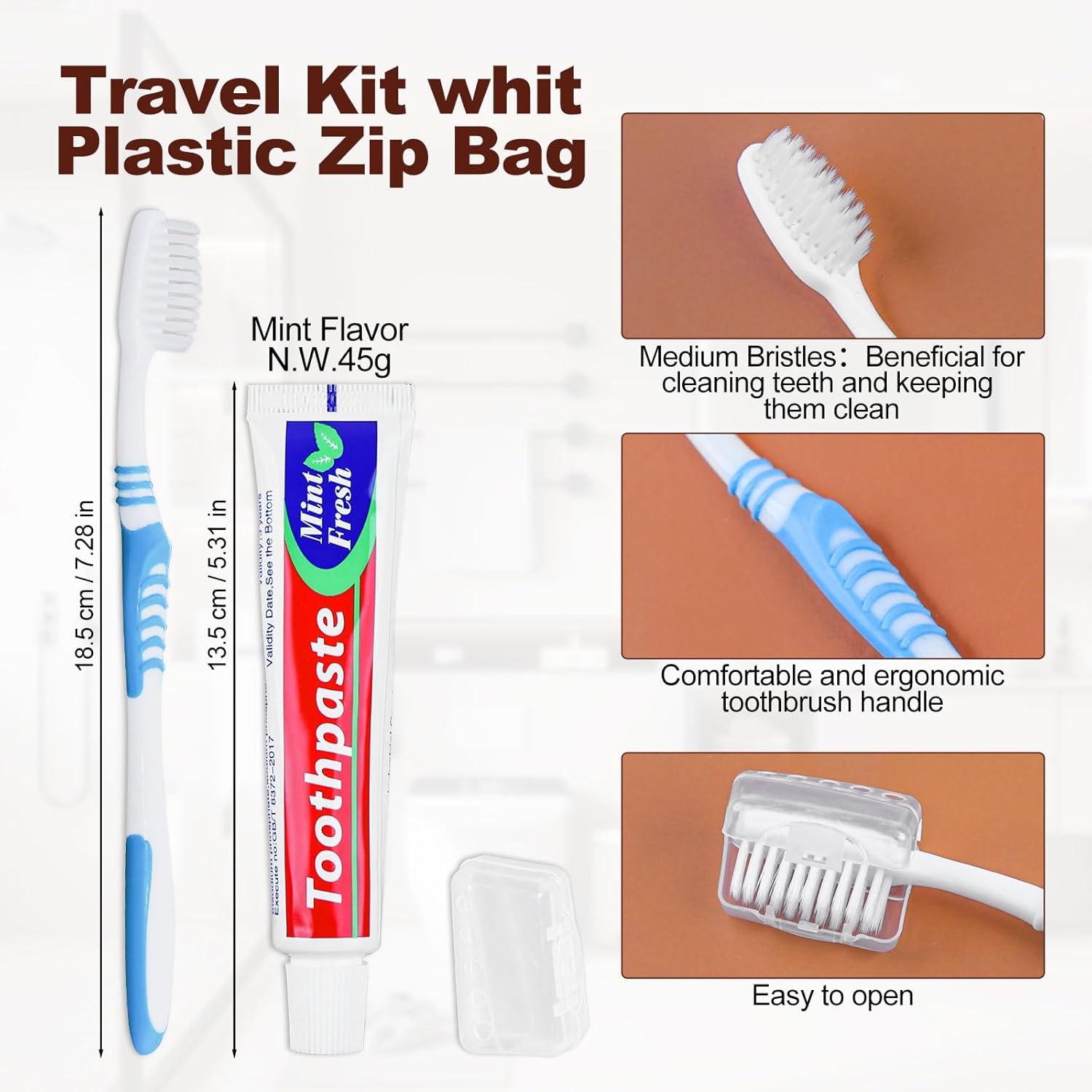 Disposable Toothbrushes with 45 Grams Toothpaste Individually Wrapped, Travel Kit Whit Plastic Zip Bag,Toothbrush Head Cover, Bulk Toothbrush for Homeless,Travel,Shelter,Air Bnb,Hotel,Guest (100)