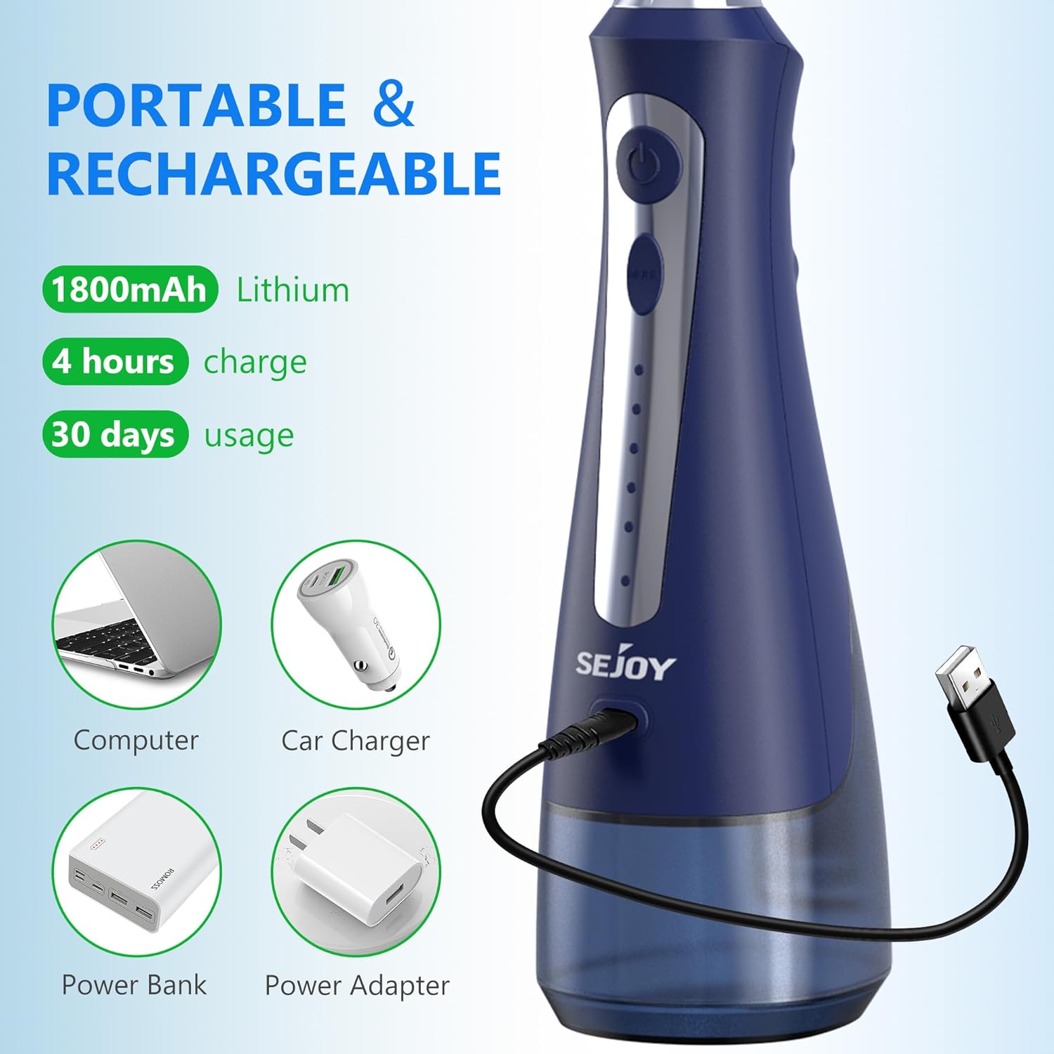 Sejoy Water Flossers for Teeth Cleaning, Water Flosser for Teeth Rechargeable Cordless, Electric Portable, 5 Cleaning Modes 8 Jet Tips, IPX7 Waterproof, 230ml, for Travel and Home