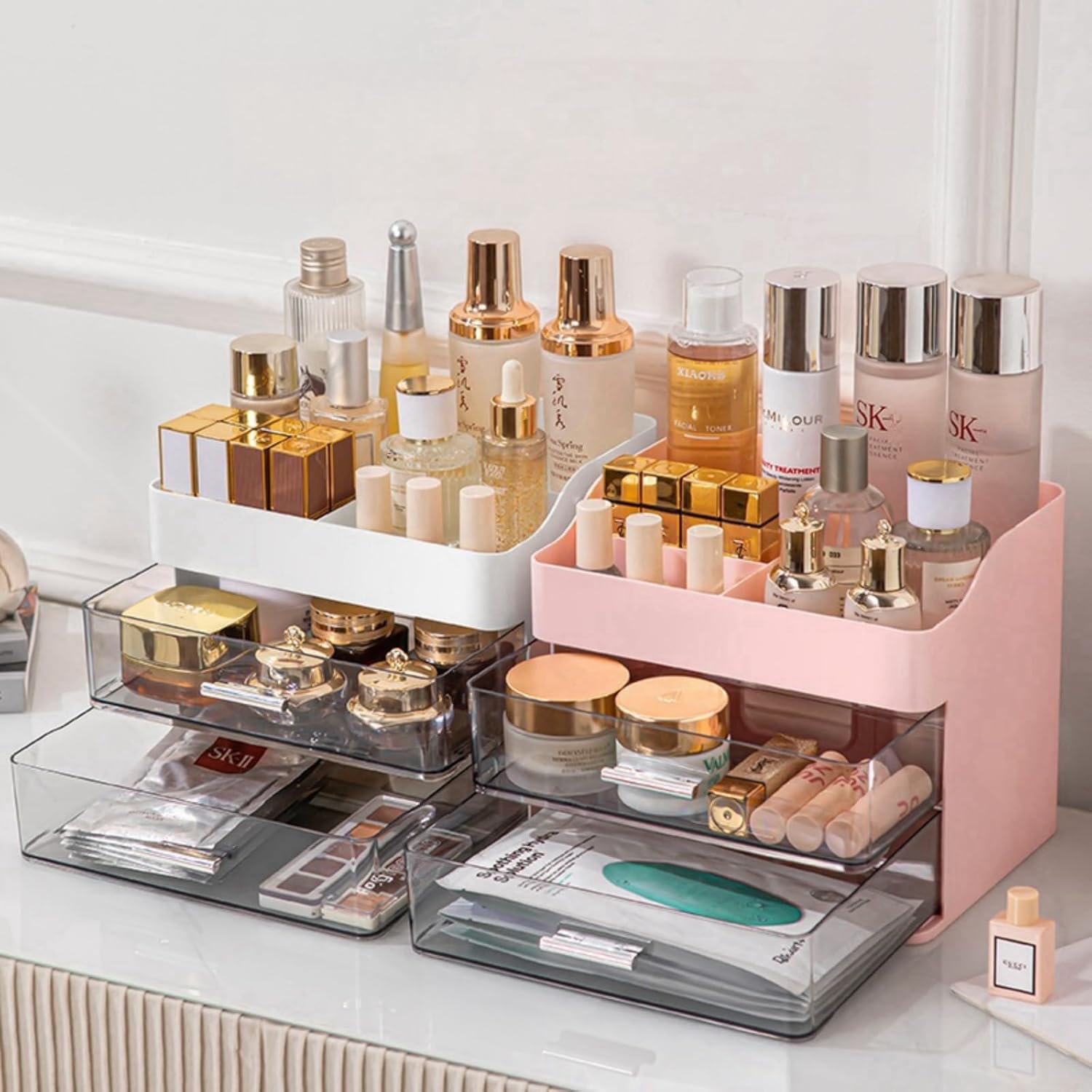 Pink Makeup & Skincare Organizer - 2 Drawer Vanity Storage Box with Cosmetic Display Case