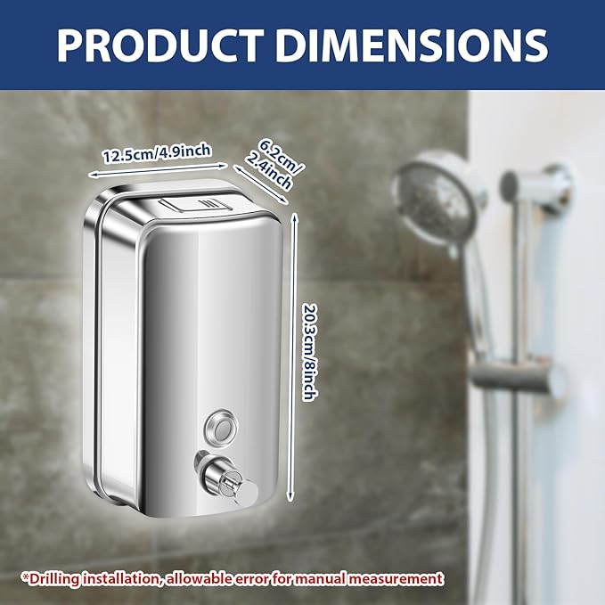 1000ml Commercial Soap Dispenser Wall Mount, Stainless Steel Hand Soap Dispenser for Bathrooms, Refillable Hand Sanitizer Dispenser for Home, Hotels, Restaurants, Hospitals (Silver)