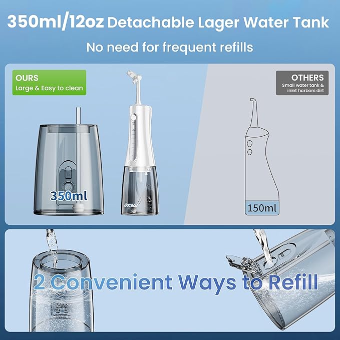 Cordless Water Flosser for Teeth, U-Shaped Flossing 360° Deep Clean, 5 Modes 7 Jet Tips for Adult & Child, Portable Rechargeable Dental Flosser Pick for Braces, Travel, 350ML Large Tank