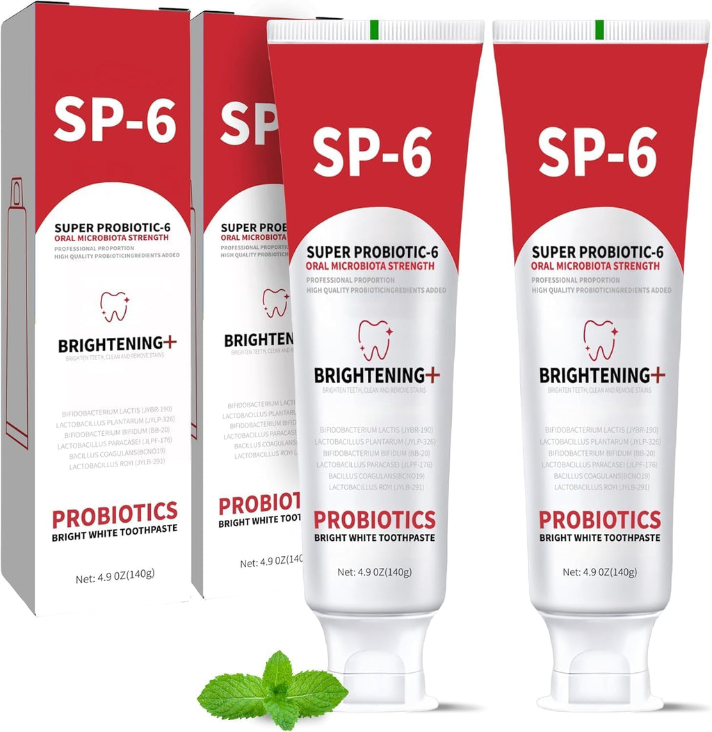 SP-6 Probiotic Whitening Toothpaste, Enhanced Formula with 6 Probiotics for Teeth Whitening and Gum Health, Enamel-Safe, Fluoride-Free, Fresh Mint Flavor, 4.6oz (2)