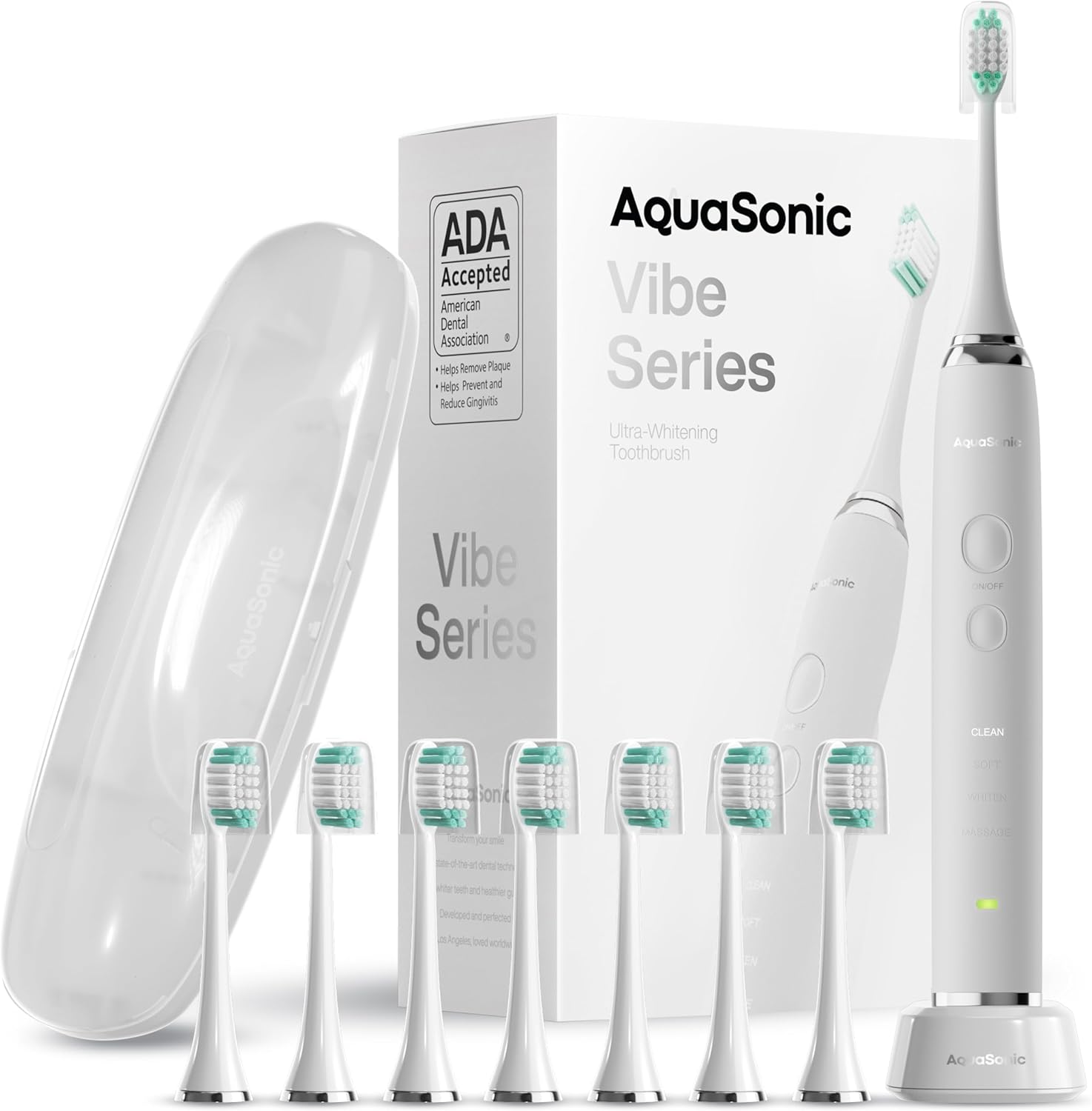 Aquasonic Vibe Series Ultra-Whitening Toothbrush – ADA Accepted Electric Toothbrush - 8 Brush Heads & Travel Case – 40,000 VPM Motor & Wireless Charging - 4 Modes w Smart Timer – Optic White