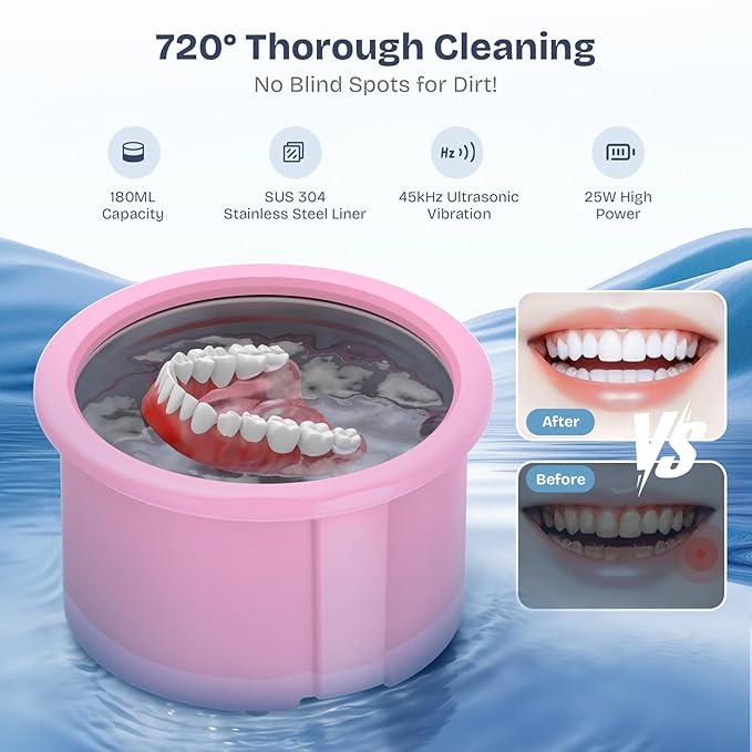 2025 Ultrasonic Retainer Cleaner- 45KHz 25W Portable Denture Cleaner with Drying Function and Removable Inner for Dentures, Mouth Guards, Aligners, Jewelry and More (Pink)