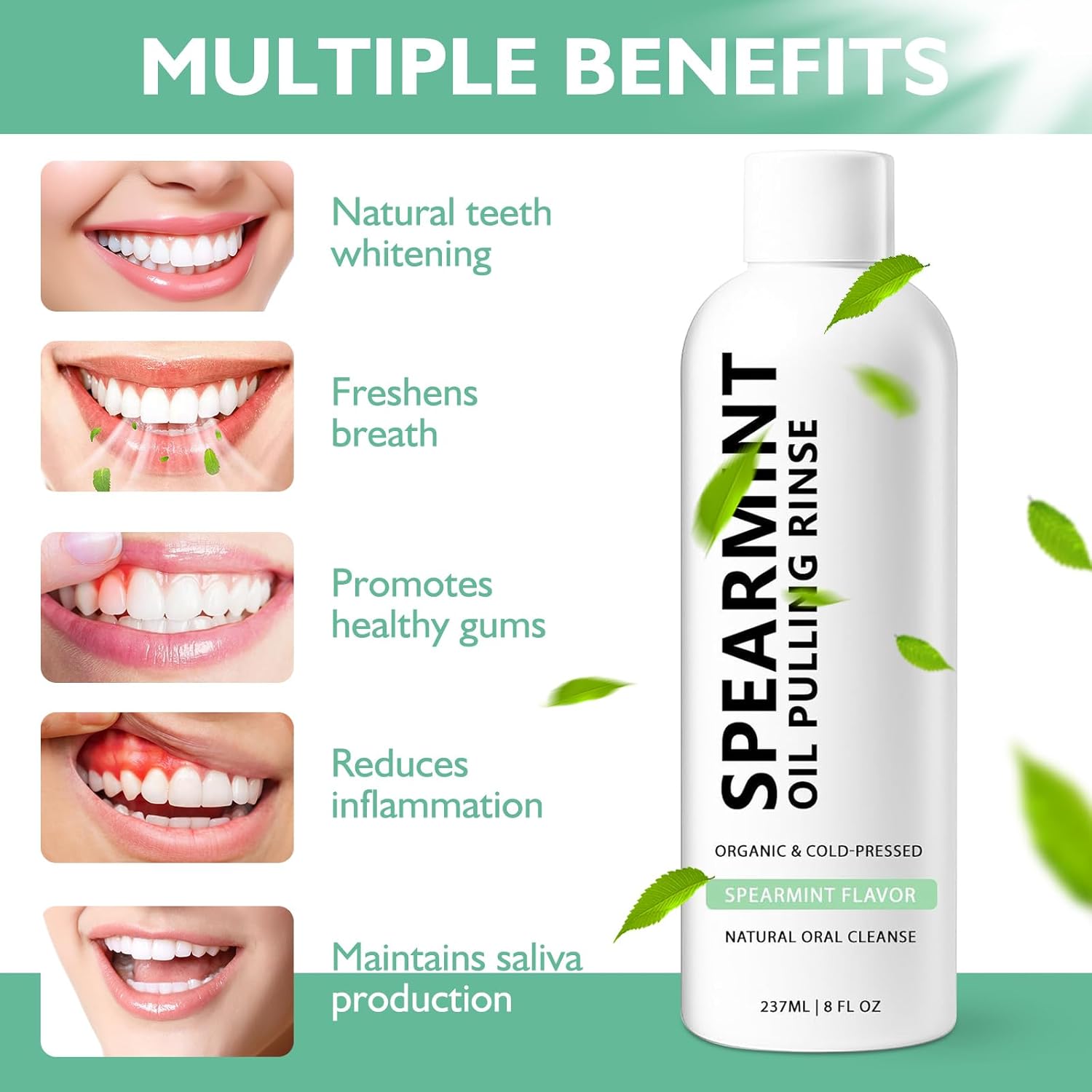 Spearmint Oil Pulling Rinse, Cold-Pressed Coconut Mouthwash for Teeth Whitening, Natural Peppermint Pulling Oil, for Breathe Mouth,Gentle Deeply Cleans (8FLOZ)