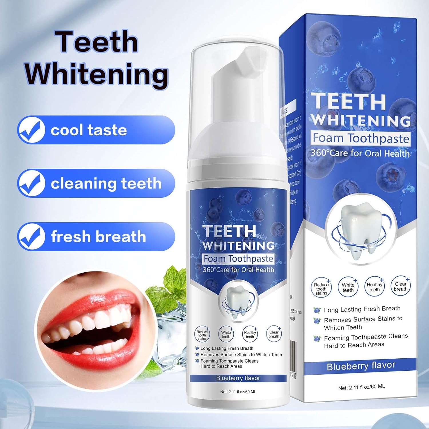 2PCS Foam Toothpaste, Whitening Baking Soda Toothpaste, Ultra-fine Mousse Foam Deeply Cleaning Gums, for Great Oral Care & Whitening Result Blueberry and Mint