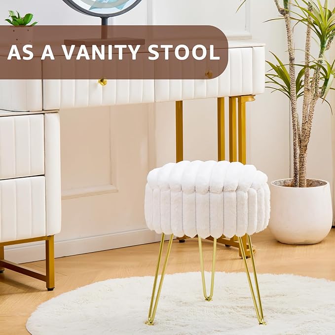 Wimarsbon Vanity Stool with Storage, Faux Fur Ottoman Chair with Metal Legs, Round Makeup Vanity Chair for Bedroom or Dressing Table, Modern Small Ottoman Seat (White)