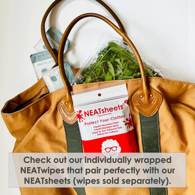 Disposable Bibs for Adults, Kids & Seniors | Adhesive Tab Napkins for Eating, Personal Use, Travel & Commuting | Spill Absorbent, Stain/Liquid Repellent | Blue Ticking 4 Count