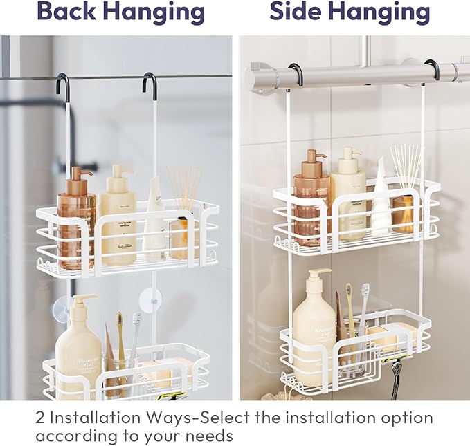 SWTYMIKI Shower Caddy Hanging Organizer - Over the Door Shower Caddy with Soap Holder, 11 Hooks, 2 Installation Ways, Stainless Steel Rustproof Bathroom Organizer, Black