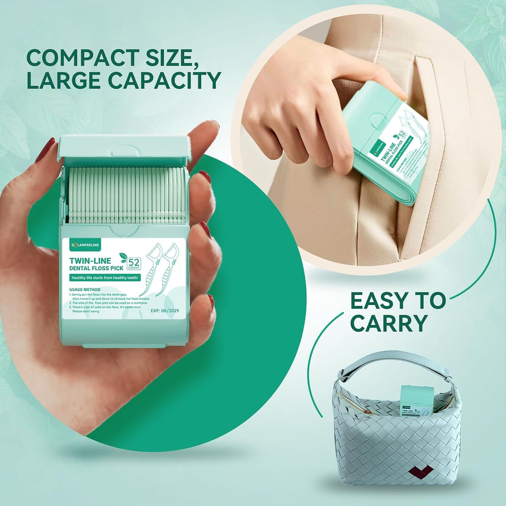 Travel Dental Floss Picks, 3 Cases with 156 Count Mint Flavor Twin-Line Dental Flosser, Portable Floss Case, Portable Floss Dispenser, Travel Floss Sticks for Adults (Green)