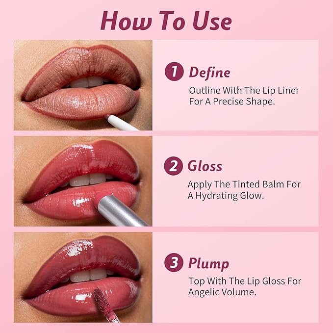 KIMUSE 3PCS Lip Combo Set - Matte Lip Liner Pencil + Hydrating Tinted Lip Balm + Juicy Lip Gloss Tint, Non-Sticky, Long-Lasting, High Pigment Lip Makeup Kit (Juicy Plum Set)