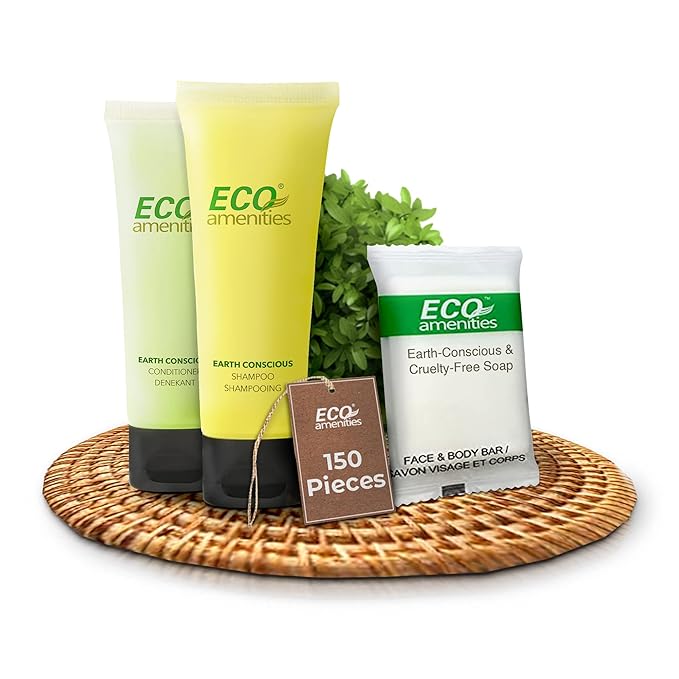 ECO amenities Travel Kit - Mini Shampoo & Conditioner Set - Eco Paraben-Free Soap Bars & Travel Essentials - Individually Wrapped Hotel Amenities Kit - 1 Fl Oz each, Pack of 150, Green Tea