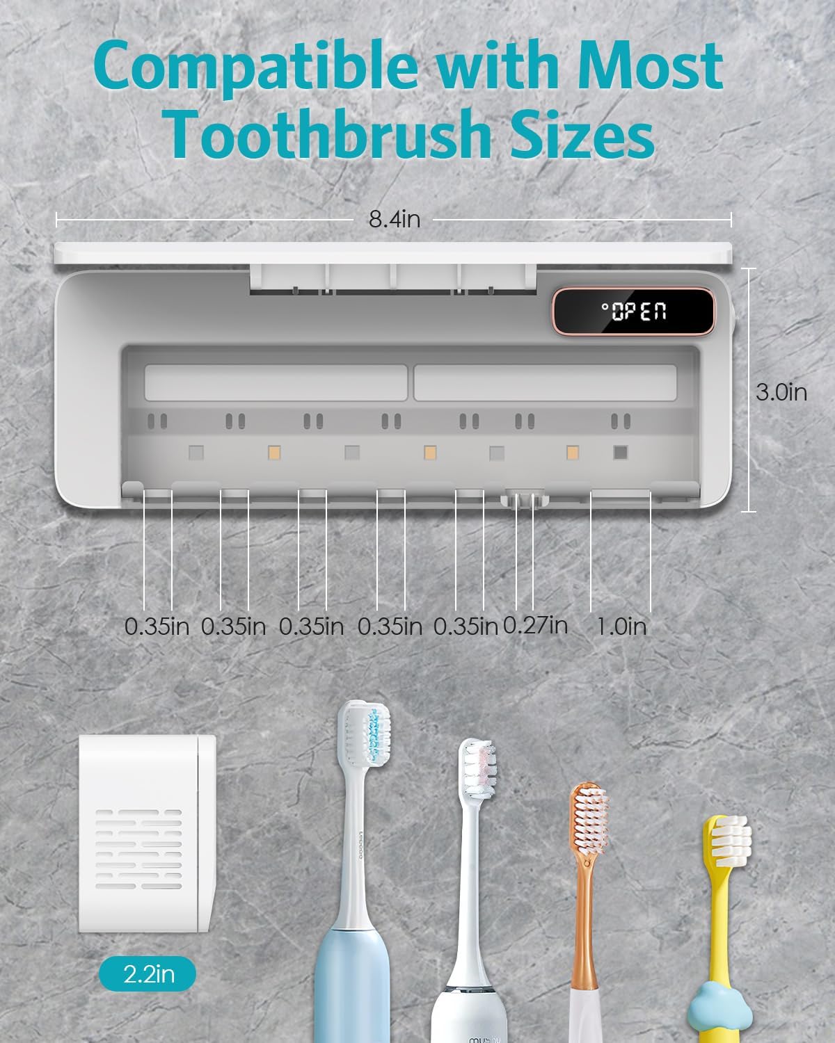 UV Toothbrush Cleaner Holder, Temracha Toothbrush Holders for Bathrooms, 5+1+1 Slots Tooth Brush Shaver Cleaner and Holder, Rechargeable Cordless Wall Mounted with Heating Functions, No Drilling