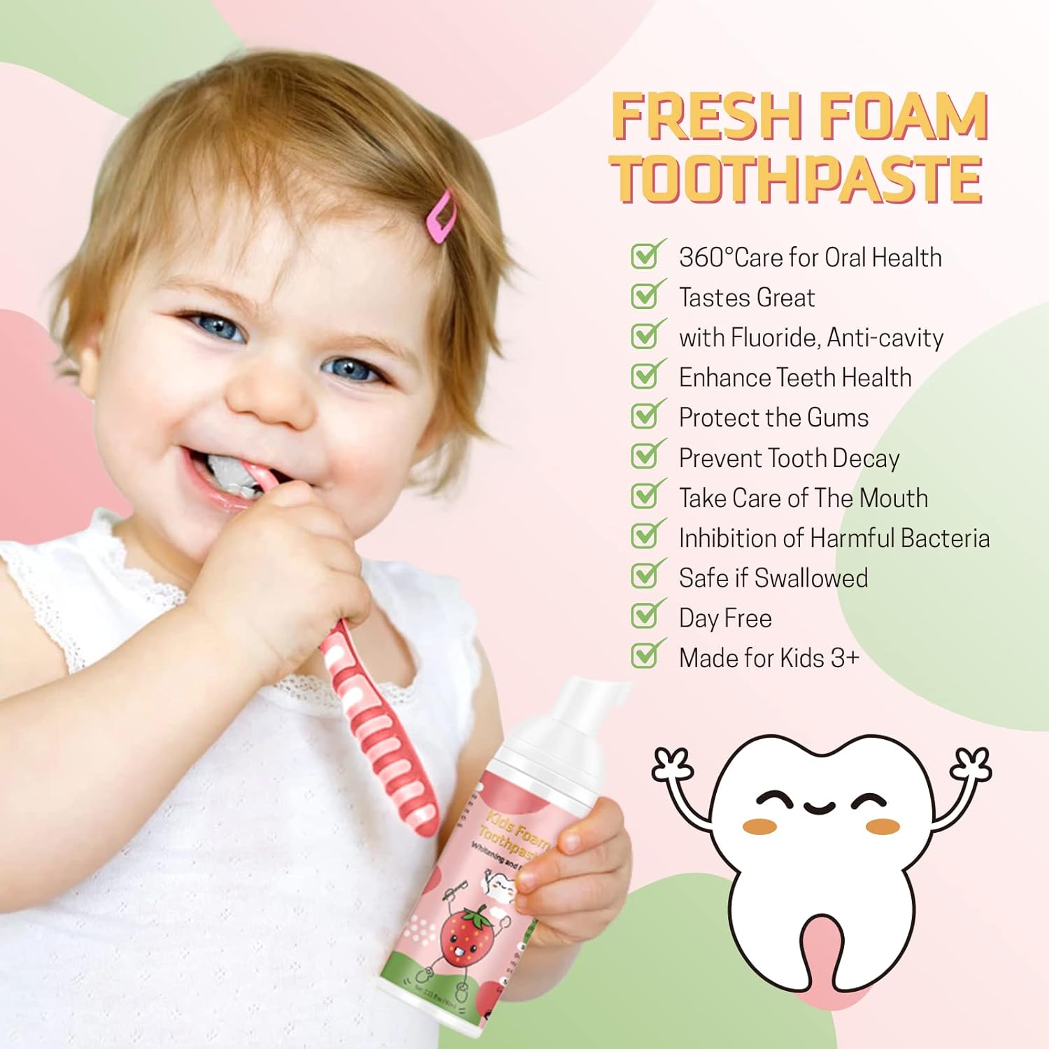 Foam Toothpaste Kids, Kids Foam Toothpaste with Low Fluoride, Toddler Toothpaste and Mouthwash for Dental Care for U-Shape Electric Toothbrush for Children for 3 and Up