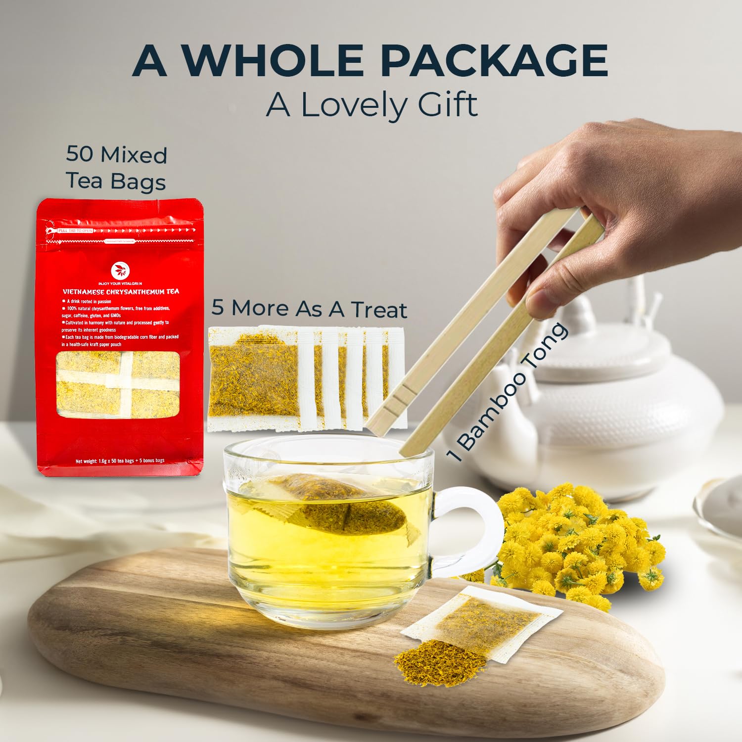 INJOY YOUR VITALGRI:N Vietnamese Chrysanthemum Tea - 55 Count (+5 Tea Bags) Bamboo Tong Included - 4.23 oz, Re-Steep Chrysanthemum Floral Scent Herbal Tea for Detox, Sleep, Relax Support, Daisy