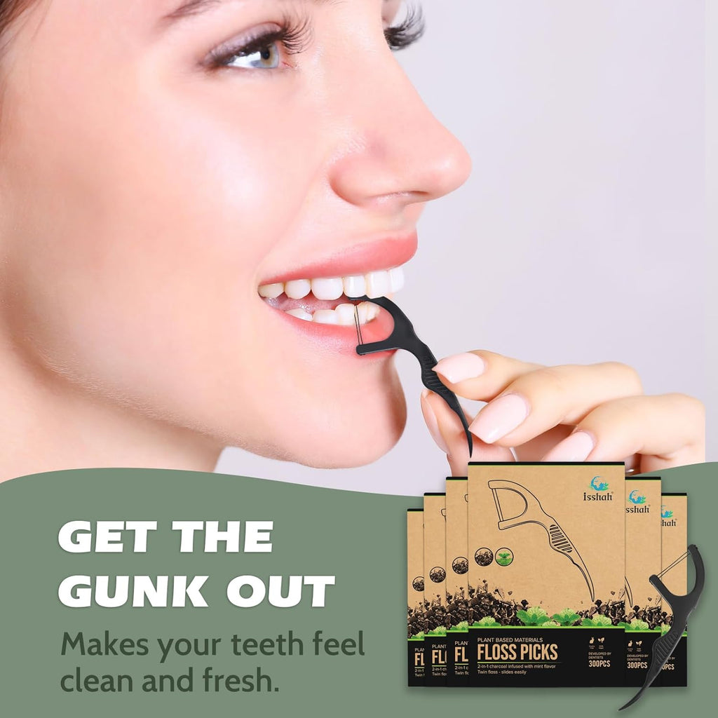 Natural Dental Floss Picks (300 Count) - Kraft Paper Box Packaging, Plant Based, PETA Approved Vegan, Eco Friendly, Sustainable Dental Flossers - Twin Floss (Charcoal)