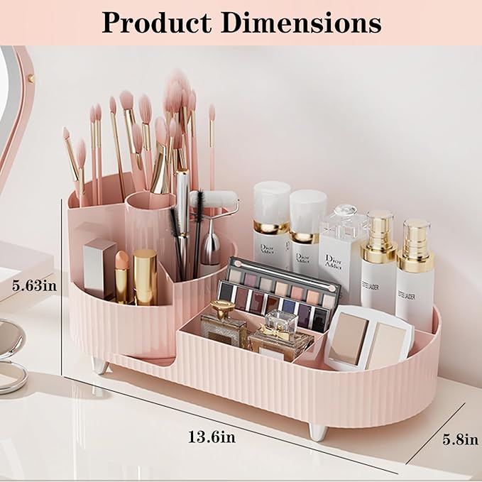 Pink Rotating Vanity Organizer with Brush Holder - Large Spinning Cosmetic Storage, Countertop Makeup & Skincare Organizer, Perfume & Lotions Display Case