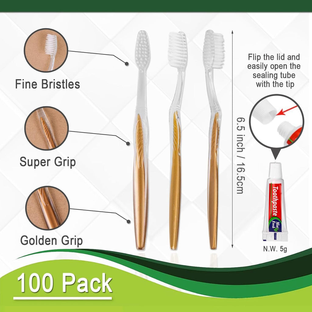 100 Pack Disposable Toothbrushes with Toothpaste Bulk Individually Wrapped, Travel Toothbrushes with Medium Soft Bristle, Manual Travel Toothbrush Kit for Adults, Kids