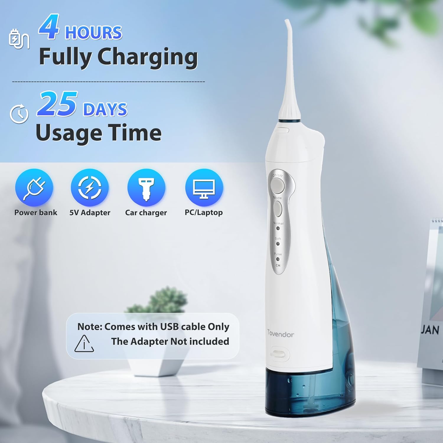 TOVENDOR Electric Water Flosser, Cordless Rechargeable Dental Oral Irrigator IPX7 Waterproof 300ML Travel Water Teeth Cleaner with 5 Tips for Braces Care Teeth Gums Cleaning, Home Office Daily Use