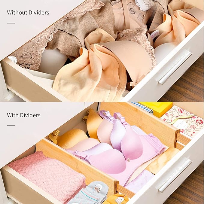 Utoplike 4 pcs Bamboo Kitchen Drawer Dividers Large, Adjustable Drawer Organizers, Spring Loaded, Works in Kitchen, Dresser, Bathroom, Bedroom, Drawer, Desk