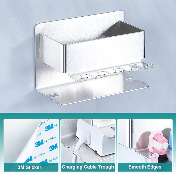 Toothbrush Head Holders, Electric Tooth Brush Head Holder, Adhesive Toothpaste Holder for Shower Bathrooms, Wall Mounted Tooth Brushing Holder Organizer Storage (Silver, Small)