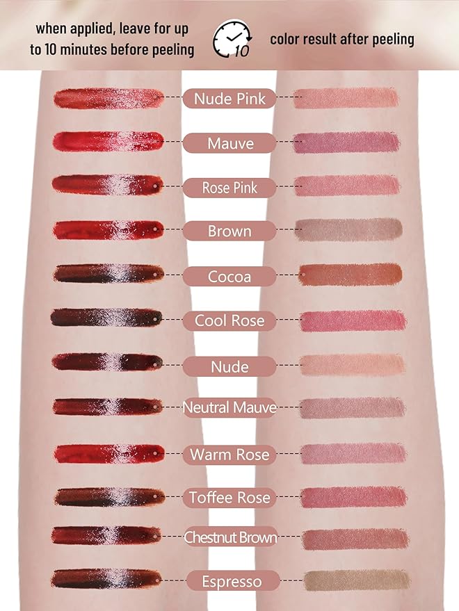 Lip Stain Peel Off Lip Liner Stain with Tweezer, Long Lasting Matte Lip Tint Tattoo, Highly Pigmented Color Lip Makeup, Waterproof Lipstick, Transfer-proof Lipstain for Women, Brown