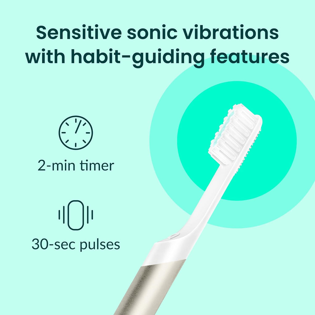 Quip Metal Sonic Electric Toothbrush for Adults - Time Travel & Soft Bristles with Travel Case & Replacement Brush Head - 3 Month Battery Life - Moonrise Champagne