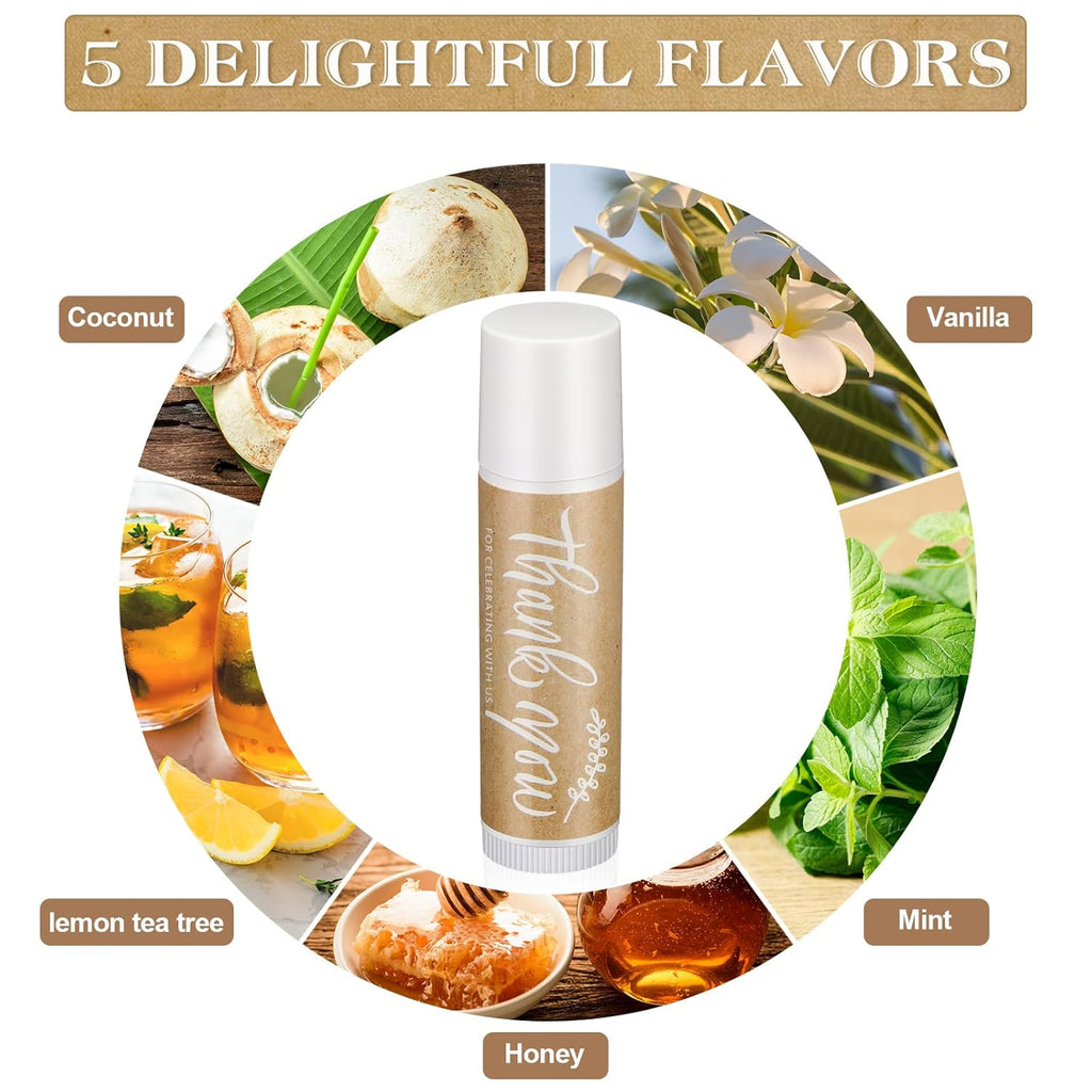 Leelosp Wedding Thank You Lip Balm Bulk Small Natural Moisturizing Mini Balm Lip Care Product Include Organza Bag and Appreciation Card for Women Baby Shower Favors, 5 Fragrance(50 Sets)