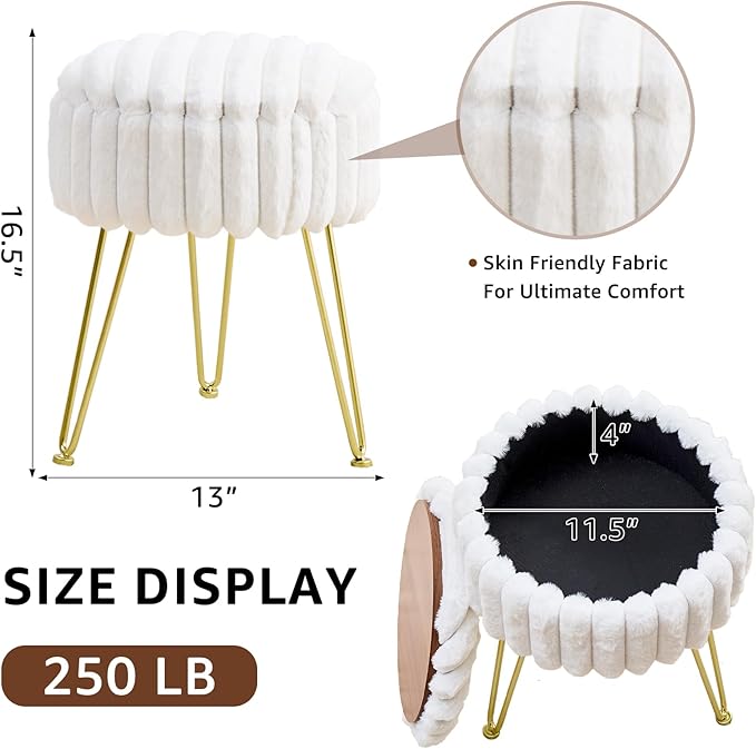 Wimarsbon Vanity Stool with Storage, Faux Fur Ottoman Chair with Metal Legs, Round Makeup Vanity Chair for Bedroom or Dressing Table, Modern Small Ottoman Seat (White)