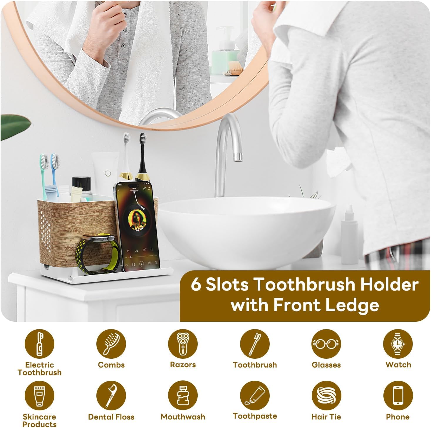 Bathroom Organizers and Storage 6 Slots Wood Grain Electric Toothbrush Holders with Phone Holder and Adjustable Dividers, Cord-Friendly Toothbrush Organizer with Drainage for Family, Kids