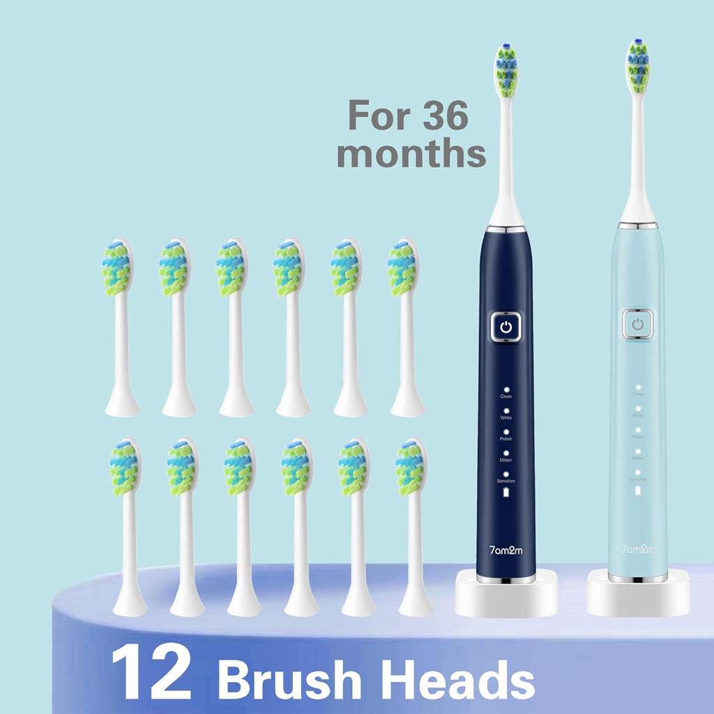 7AM2M Electric Toothbrush 2 Pack Set for Adults, 12 Replacement Brush Heads, 5 Adjustable Modes, Built-in 2-Minute Smart Timer, Fast Charge for 60 Days, IPX7 Waterproof, Navy & Light Blue